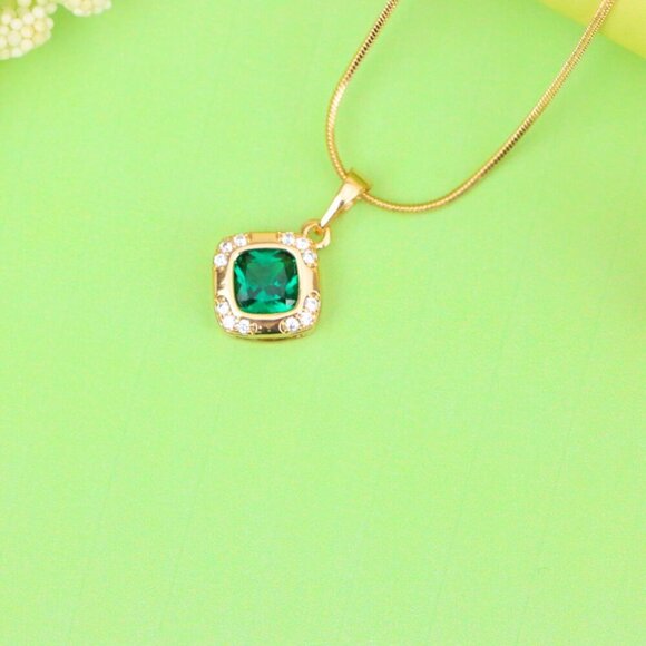 "Green Cushion Stone Pendant in Gold Plated Brass with Crystal Halo, XPPT1768 - Picture 12 of 14
